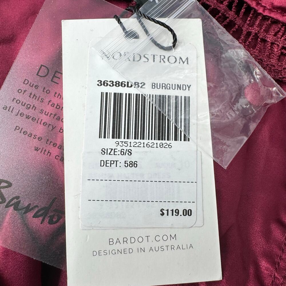 Bardot Gemma Halter Lace Midi Dress 6 Burgundy Sheath Open Back Illusion Hem NWT - Picture 13 of 15